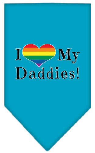 A stylish pet bandana featuring the phrase 'I Heart My Daddies', designed for comfort and style, available in two sizes.