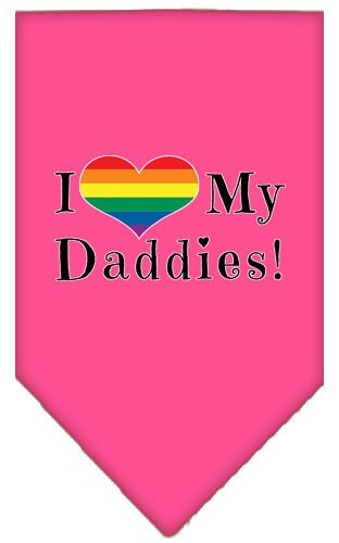 A stylish pet bandana featuring the phrase 'I Heart My Daddies', designed for comfort and style, available in two sizes.