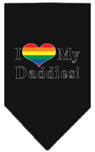 A stylish pet bandana featuring the phrase 'I Heart My Daddies', designed for comfort and style, available in two sizes.