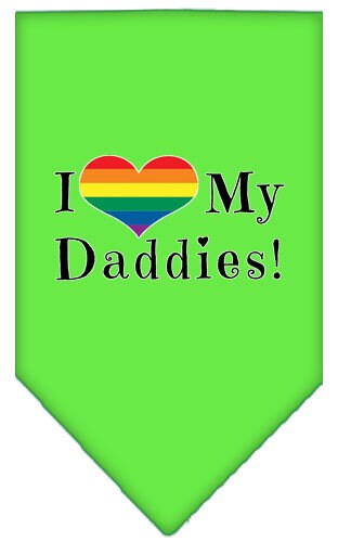 A stylish pet bandana featuring the phrase 'I Heart My Daddies', designed for comfort and style, available in two sizes.