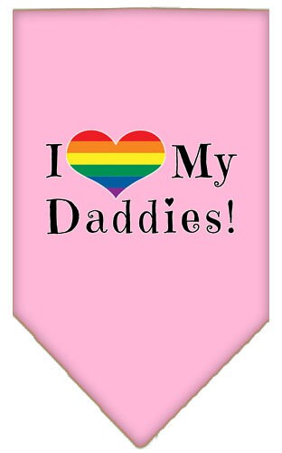 A stylish pet bandana featuring the phrase 'I Heart My Daddies', designed for comfort and style, available in two sizes.
