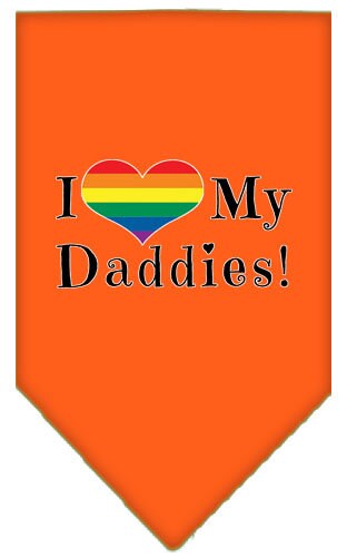 A stylish pet bandana featuring the phrase 'I Heart My Daddies', designed for comfort and style, available in two sizes.