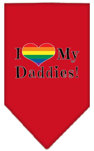 A stylish pet bandana featuring the phrase 'I Heart My Daddies', designed for comfort and style, available in two sizes.