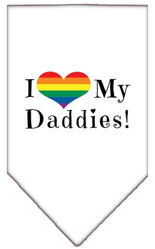 A stylish pet bandana featuring the phrase 'I Heart My Daddies', designed for comfort and style, available in two sizes.