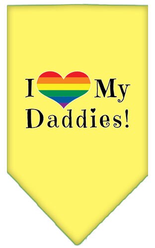 A stylish pet bandana featuring the phrase 'I Heart My Daddies', designed for comfort and style, available in two sizes.