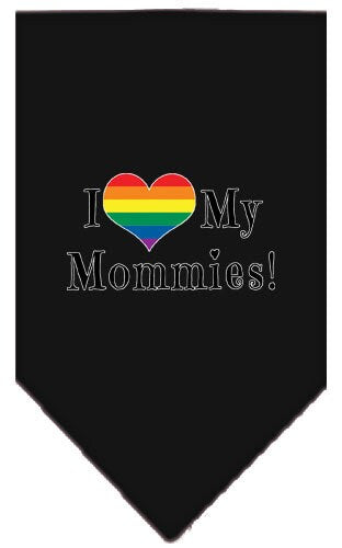 A stylish pet bandana featuring the phrase 'I Heart My Mommies', designed for comfort and easy tie-on use.