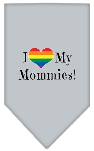 A stylish pet bandana featuring the phrase 'I Heart My Mommies', designed for comfort and easy tie-on use.