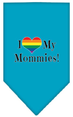 A stylish pet bandana featuring the phrase 'I Heart My Mommies', designed for comfort and easy tie-on use.