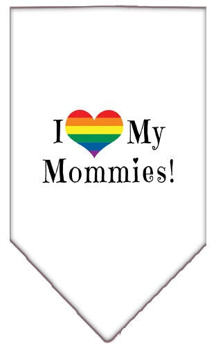 A stylish pet bandana featuring the phrase 'I Heart My Mommies', designed for comfort and easy tie-on use.