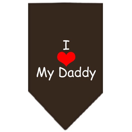 A stylish dog bandana featuring the text 'I Love My Daddy', designed for comfort and easy tie-on use.