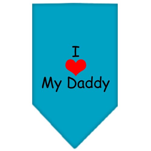 A stylish dog bandana featuring the text 'I Love My Daddy', designed for comfort and easy tie-on use.