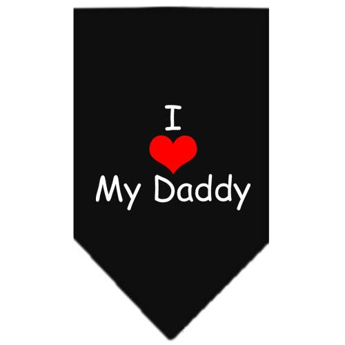 A stylish dog bandana featuring the text 'I Love My Daddy', designed for comfort and easy tie-on use.