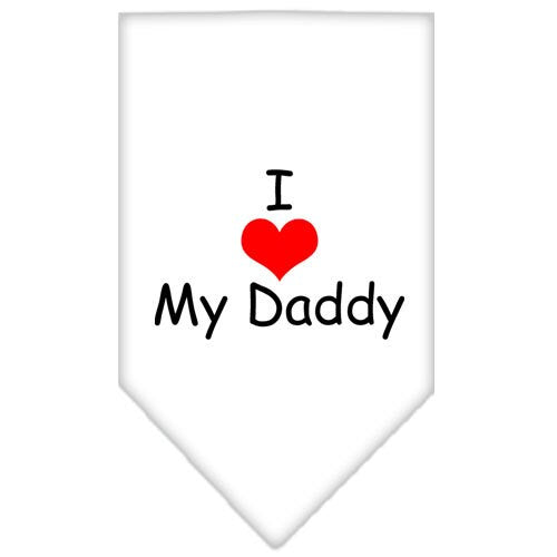 A stylish dog bandana featuring the text 'I Love My Daddy', designed for comfort and easy tie-on use.