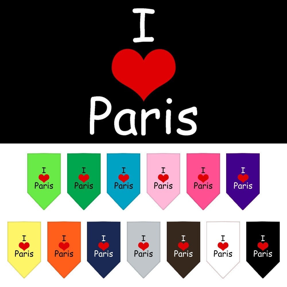 A stylish pet bandana featuring the phrase 'I Love Paris', designed for dogs of all sizes, showcasing a vibrant screen-printed design.