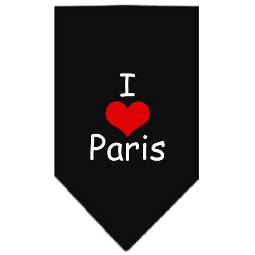 A stylish pet bandana featuring the phrase 'I Love Paris', designed for dogs of all sizes, showcasing a vibrant screen-printed design.