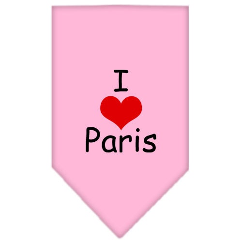 A stylish pet bandana featuring the phrase 'I Love Paris', designed for dogs of all sizes, showcasing a vibrant screen-printed design.