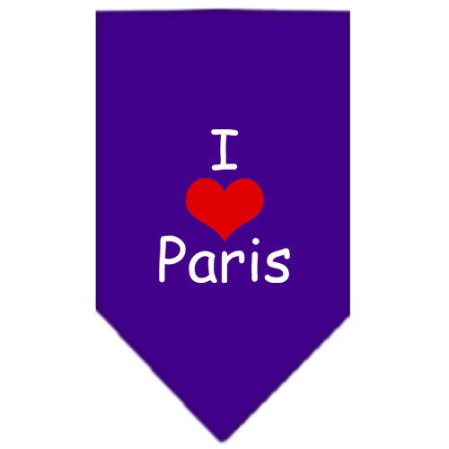 A stylish pet bandana featuring the phrase 'I Love Paris', designed for dogs of all sizes, showcasing a vibrant screen-printed design.