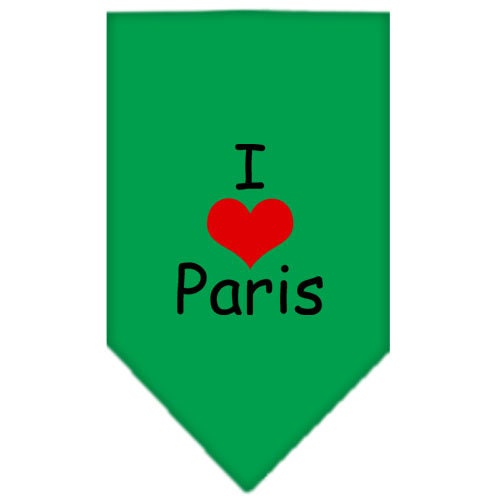 A stylish pet bandana featuring the phrase 'I Love Paris', designed for dogs of all sizes, showcasing a vibrant screen-printed design.