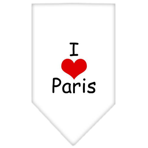 A stylish pet bandana featuring the phrase 'I Love Paris', designed for dogs of all sizes, showcasing a vibrant screen-printed design.