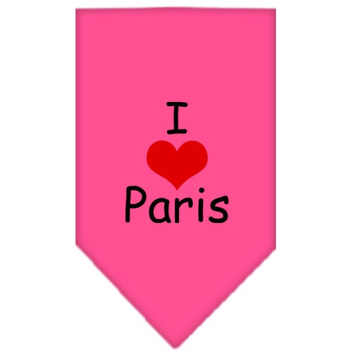 A stylish pet bandana featuring the phrase 'I Love Paris', designed for dogs of all sizes, showcasing a vibrant screen-printed design.