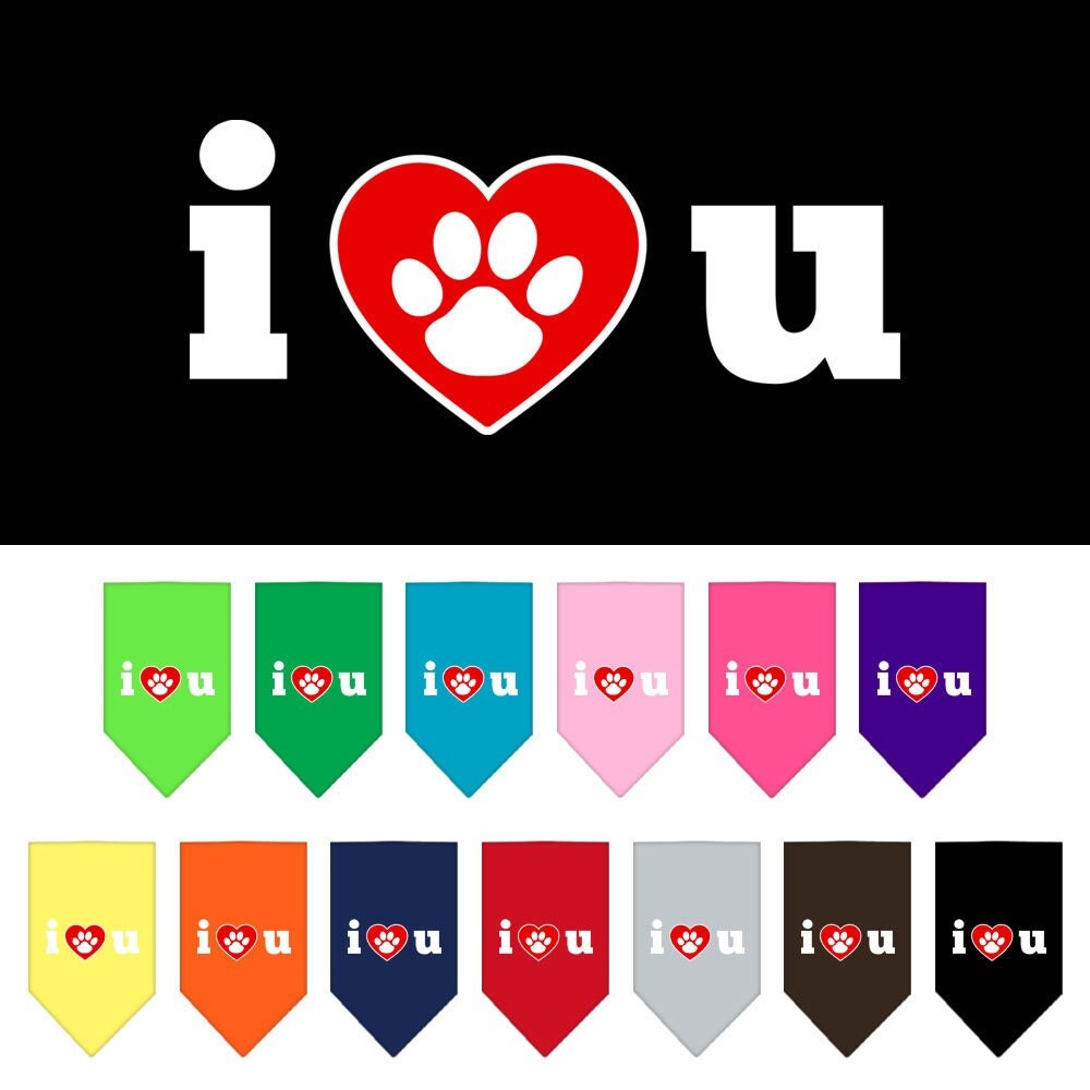 A stylish pet bandana featuring the screen printed message 'I Love You', designed for dogs of all sizes, showcasing a vibrant and loving design.