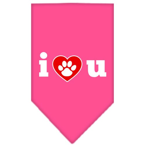 A stylish pet bandana featuring the screen printed message 'I Love You', designed for dogs of all sizes, showcasing a vibrant and loving design.