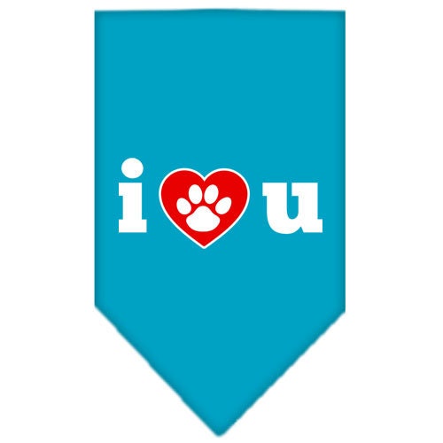 A stylish pet bandana featuring the screen printed message 'I Love You', designed for dogs of all sizes, showcasing a vibrant and loving design.