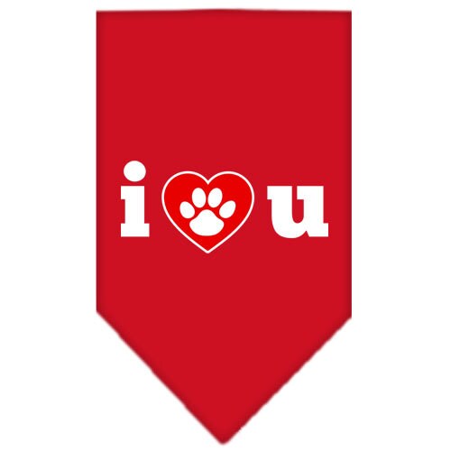 A stylish pet bandana featuring the screen printed message 'I Love You', designed for dogs of all sizes, showcasing a vibrant and loving design.