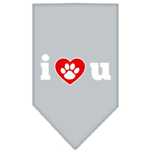 A stylish pet bandana featuring the screen printed message 'I Love You', designed for dogs of all sizes, showcasing a vibrant and loving design.