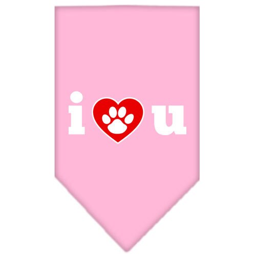 A stylish pet bandana featuring the screen printed message 'I Love You', designed for dogs of all sizes, showcasing a vibrant and loving design.