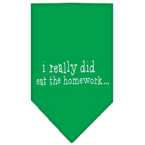 A colorful pet bandana featuring the phrase 'I Really Did Eat The Homework', designed for dogs, showcasing a fun and playful style.