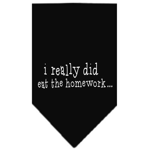 A colorful pet bandana featuring the phrase 'I Really Did Eat The Homework', designed for dogs, showcasing a fun and playful style.