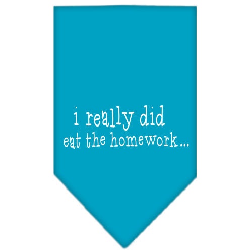 A colorful pet bandana featuring the phrase 'I Really Did Eat The Homework', designed for dogs, showcasing a fun and playful style.