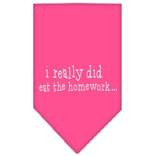 A colorful pet bandana featuring the phrase 'I Really Did Eat The Homework', designed for dogs, showcasing a fun and playful style.