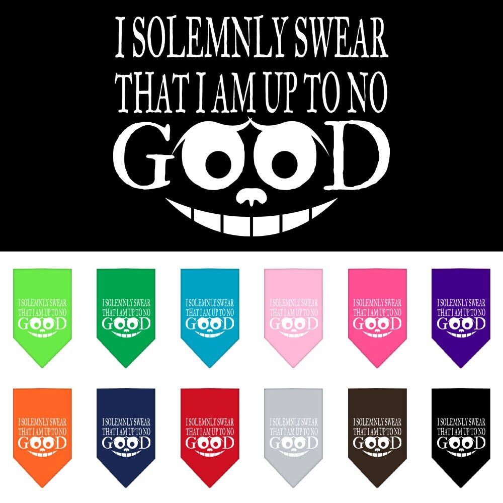 A stylish dog bandana featuring the phrase 'I Solemnly Swear That I Am Up To No Good', designed for tie-on use.