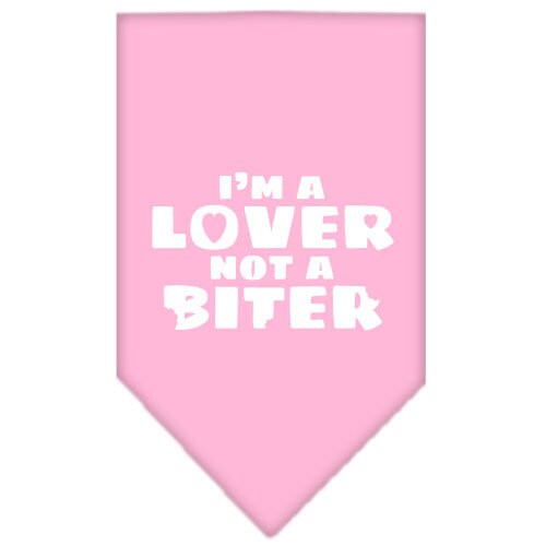 A colorful dog bandana featuring the phrase 'I'm a Lover, Not A Biter', designed for comfort and style.