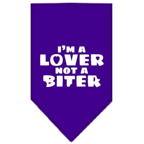 A colorful dog bandana featuring the phrase 'I'm a Lover, Not A Biter', designed for comfort and style.
