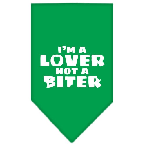 A colorful dog bandana featuring the phrase 'I'm a Lover, Not A Biter', designed for comfort and style.