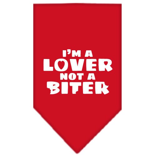 A colorful dog bandana featuring the phrase 'I'm a Lover, Not A Biter', designed for comfort and style.