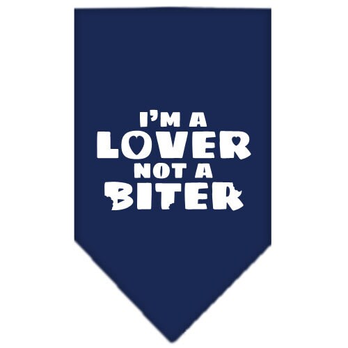 A colorful dog bandana featuring the phrase 'I'm a Lover, Not A Biter', designed for comfort and style.