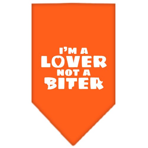 A colorful dog bandana featuring the phrase 'I'm a Lover, Not A Biter', designed for comfort and style.