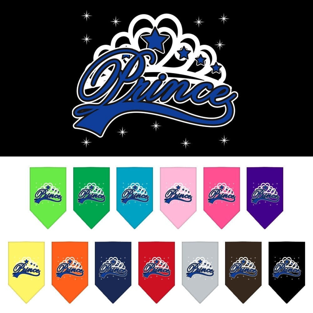 A stylish pet bandana featuring the phrase 'I'm A Prince', designed for dogs, available in small and large sizes, with a tie-on design.