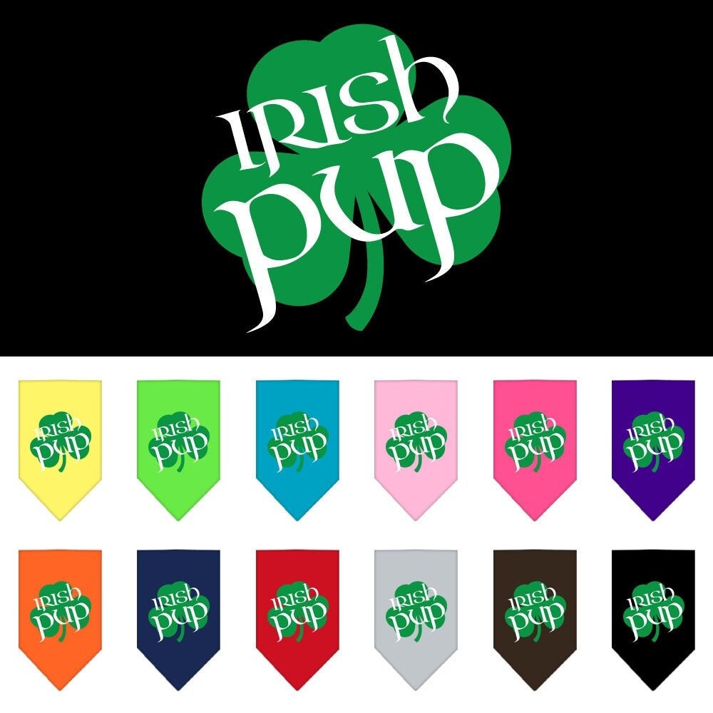 A vibrant green dog bandana featuring the screen printed text 'Irish Pup', perfect for festive occasions.