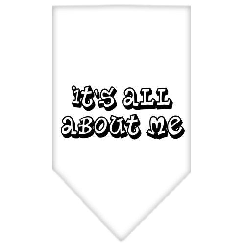 A stylish pet bandana featuring the phrase 'It's All About Me', designed for dogs, available in small and large sizes.