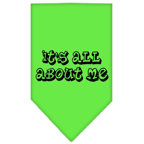 A stylish pet bandana featuring the phrase 'It's All About Me', designed for dogs, available in small and large sizes.