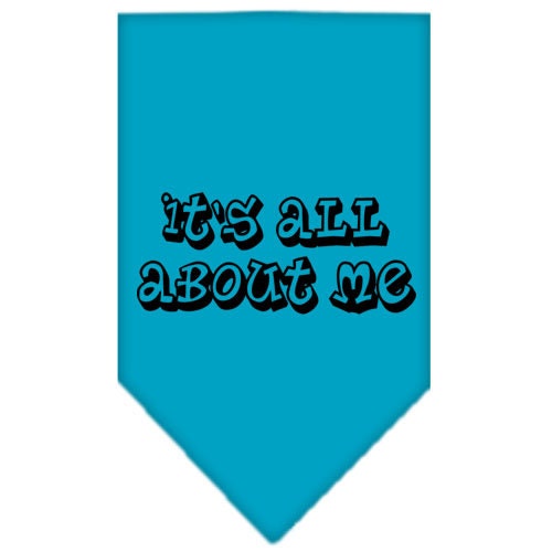 A stylish pet bandana featuring the phrase 'It's All About Me', designed for dogs, available in small and large sizes.
