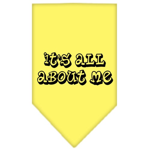 A stylish pet bandana featuring the phrase 'It's All About Me', designed for dogs, available in small and large sizes.