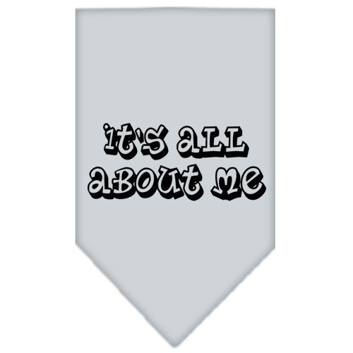 A stylish pet bandana featuring the phrase 'It's All About Me', designed for dogs, available in small and large sizes.