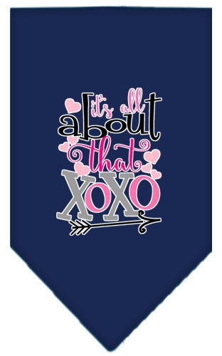 A stylish pet bandana featuring the phrase 'It's All About That XOXO', designed for dogs with a tie-on feature.