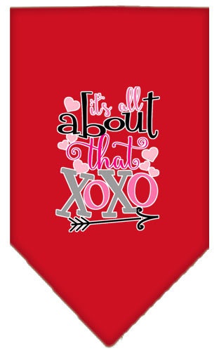 A stylish pet bandana featuring the phrase 'It's All About That XOXO', designed for dogs with a tie-on feature.
